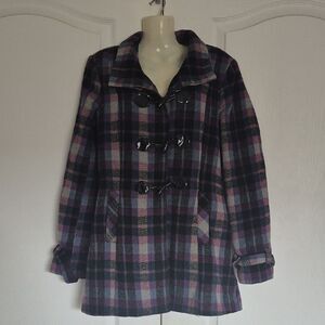 Elegant Plaid Pea Coat with Toggle Closure
